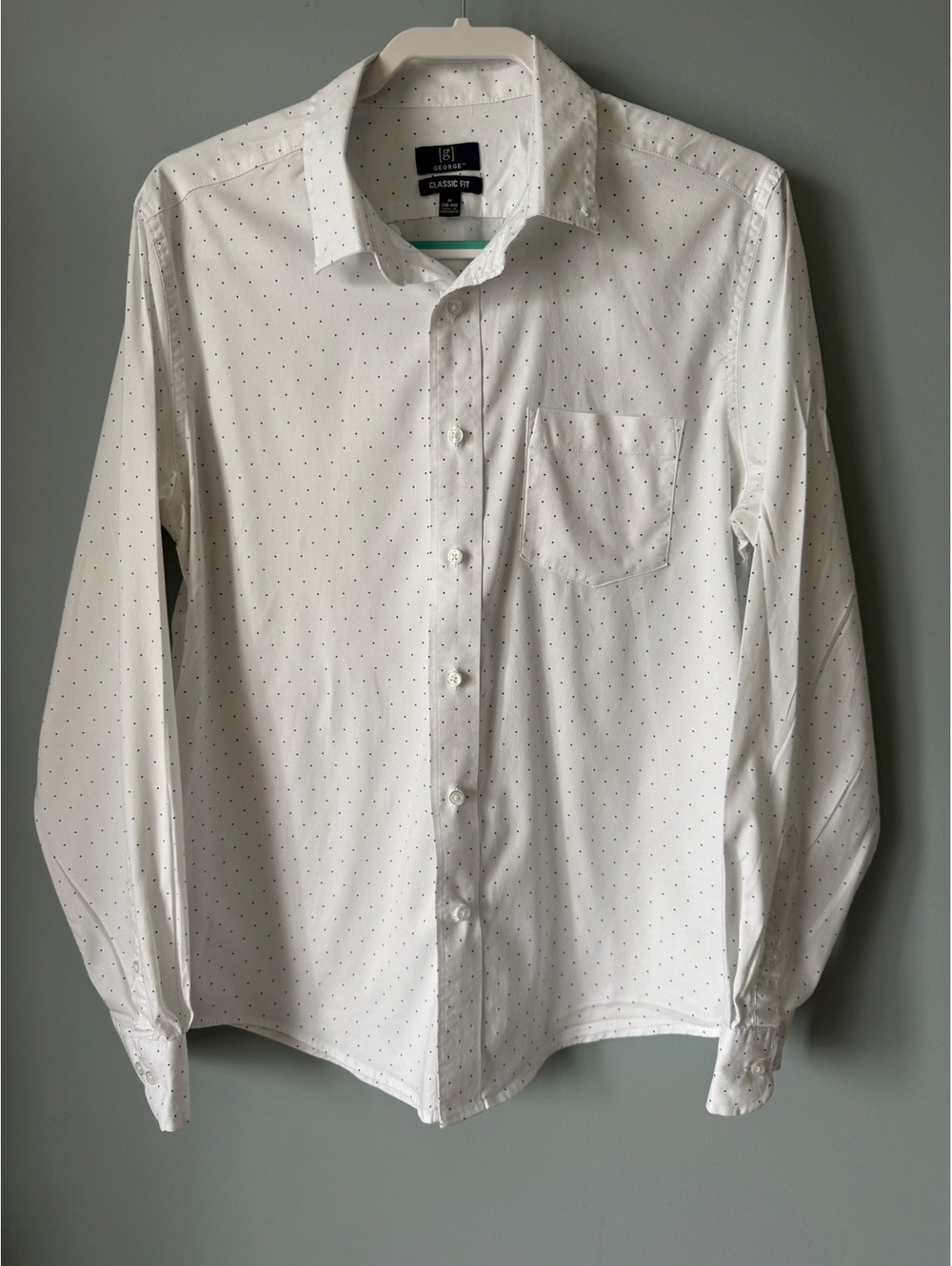 George Classic Fit Men's White Button-Up Shirt with Navy Polka Dots, Size M